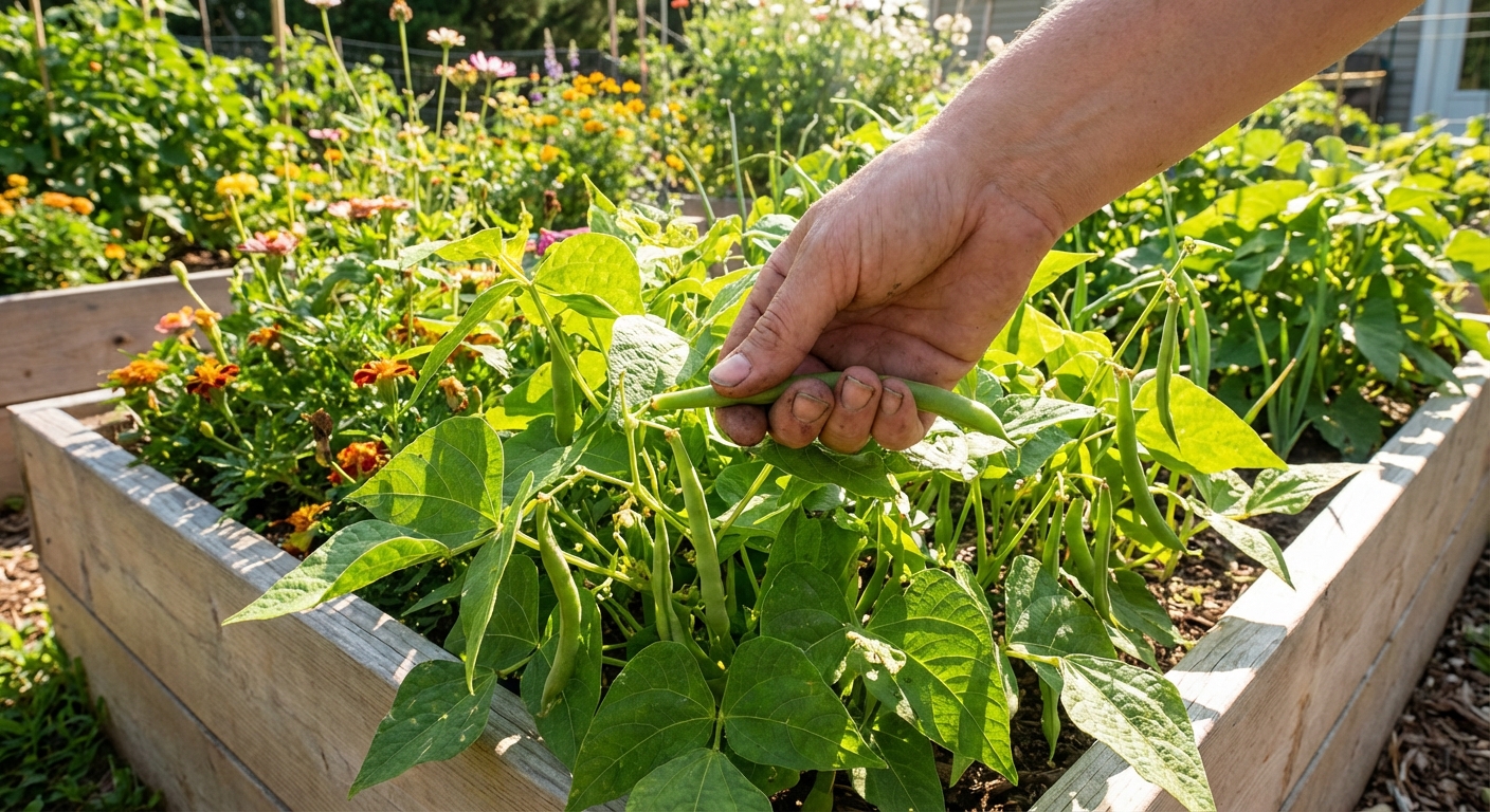 A real photo of a hand snapping a green bean pod from a bush bean plant in a sunny garden