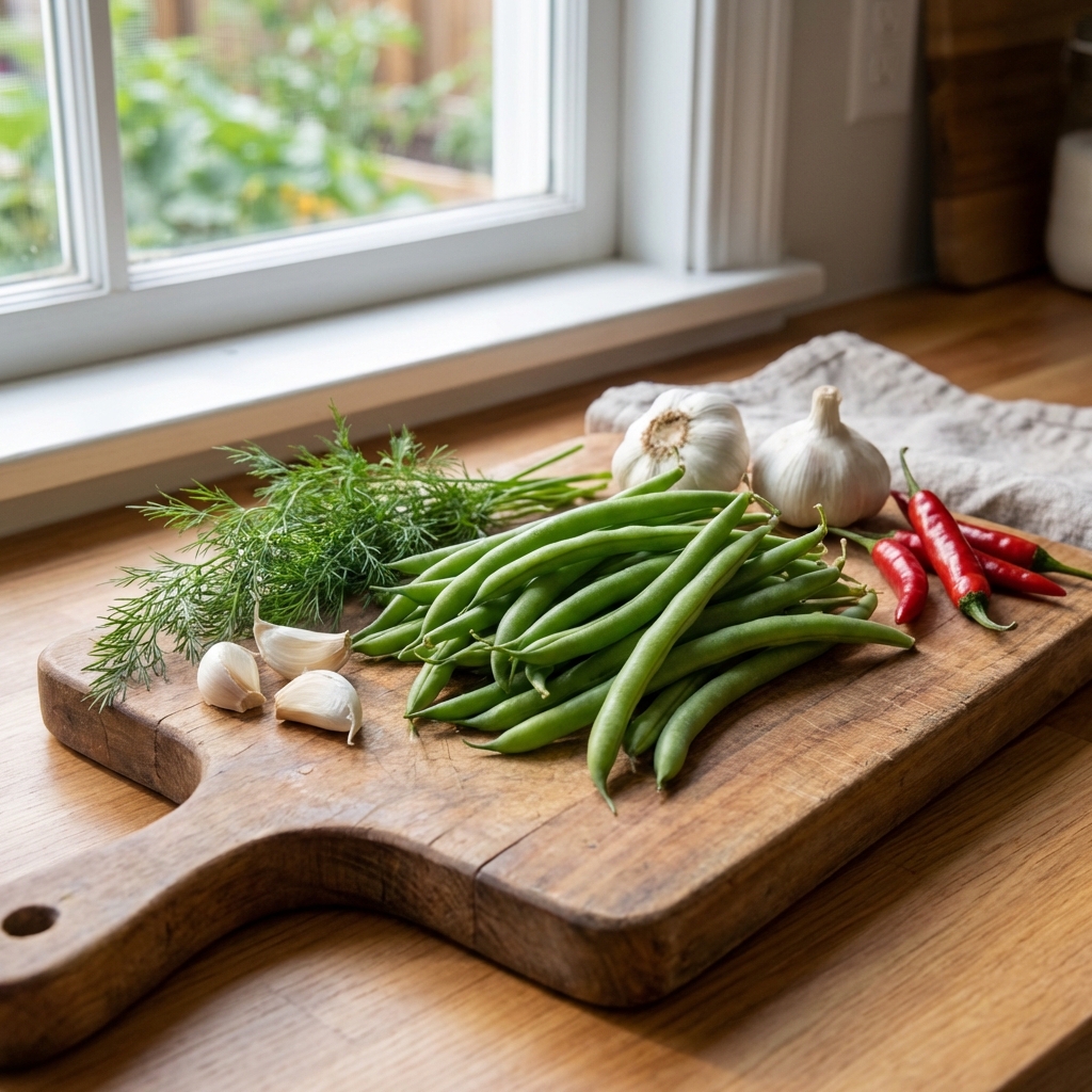 A real photo of fresh green beans, garlic cloves, dill, and red chili peppers laid out on a cutting board