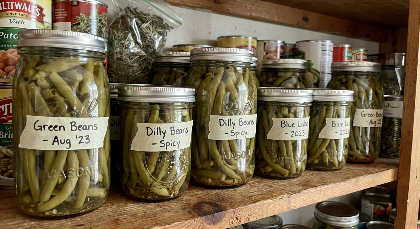 A real photo of labeled jars of home-canned green beans stored on a pantry shelf