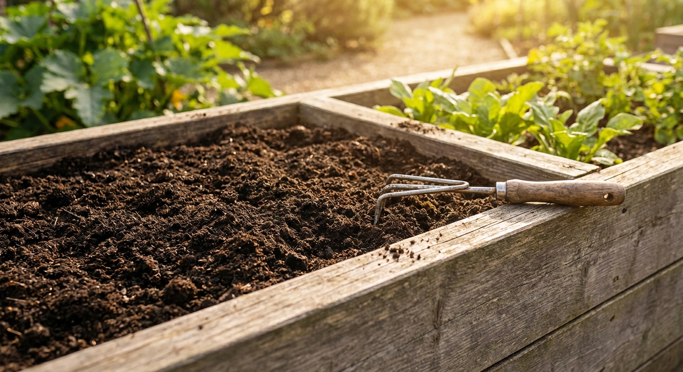 A real photograph of a sunny raised garden bed with fresh compost spread on top and a hand rake nearby