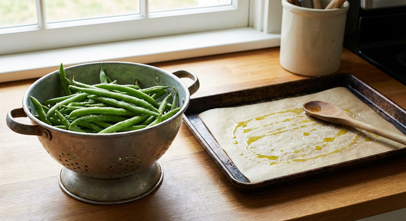 Fresh green beans in a metal colander on a kitchen counter, with a baking sheet nearby ready for roasting