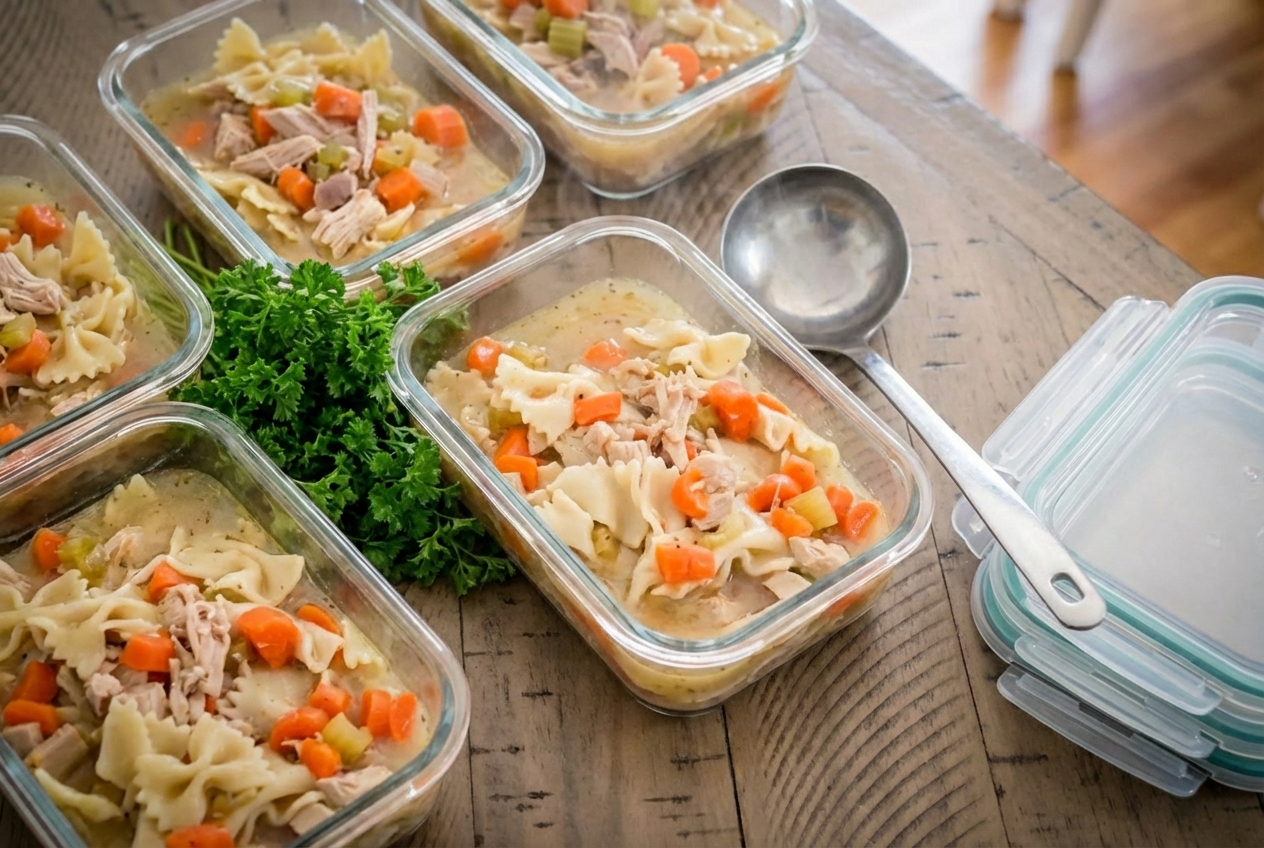 Glass meal prep containers filled with turkey soup cooling on a kitchen counter