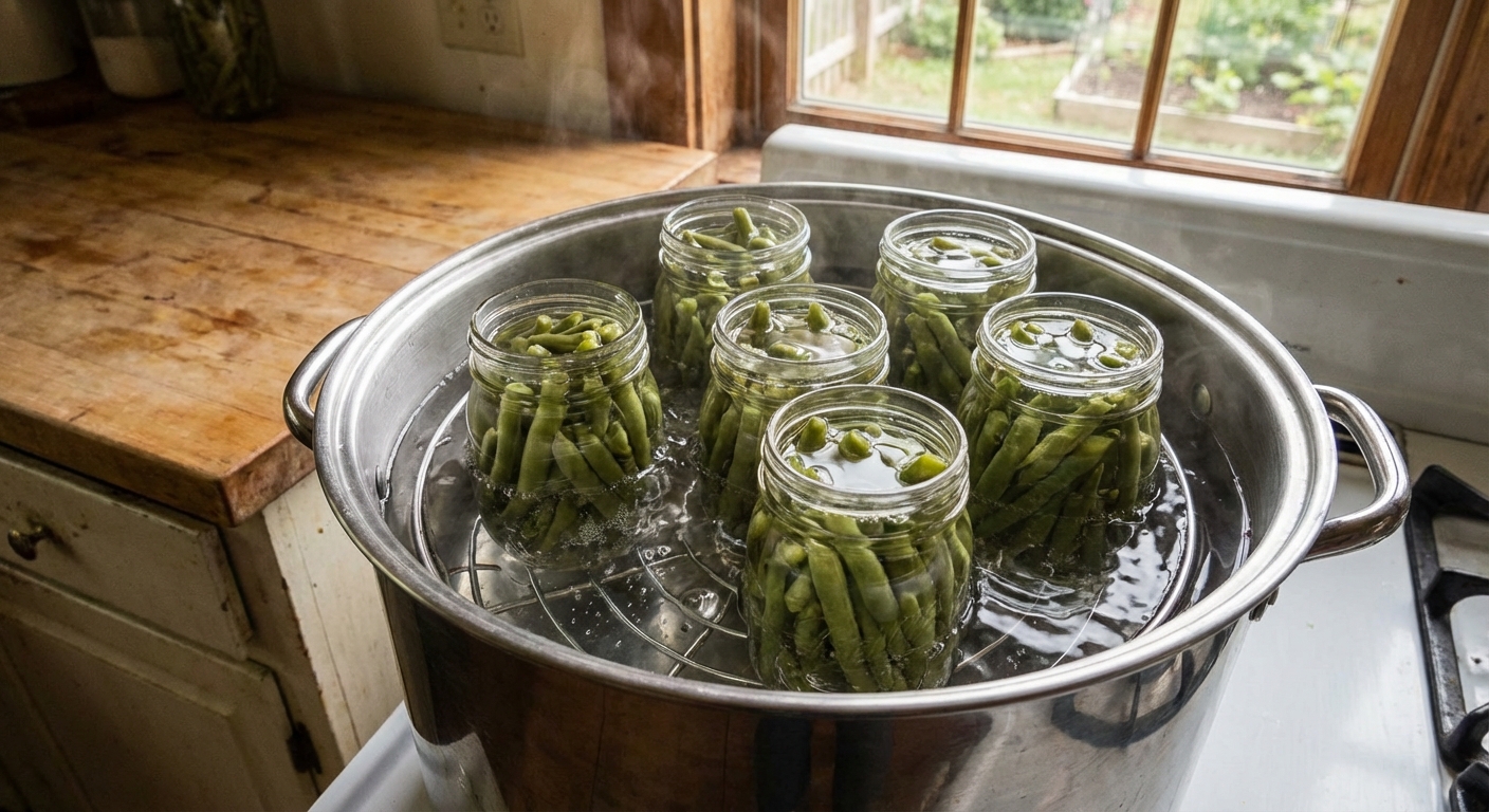 Pint jars of green beans sitting on a canning rack in a large pot of simmering water
