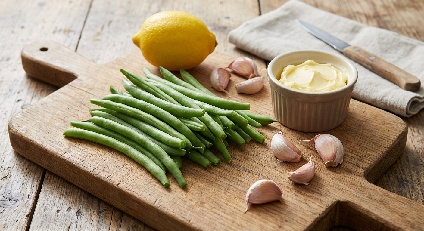 Trimmed fresh green beans on a cutting board next to a lemon, garlic cloves, and a small dish of butter