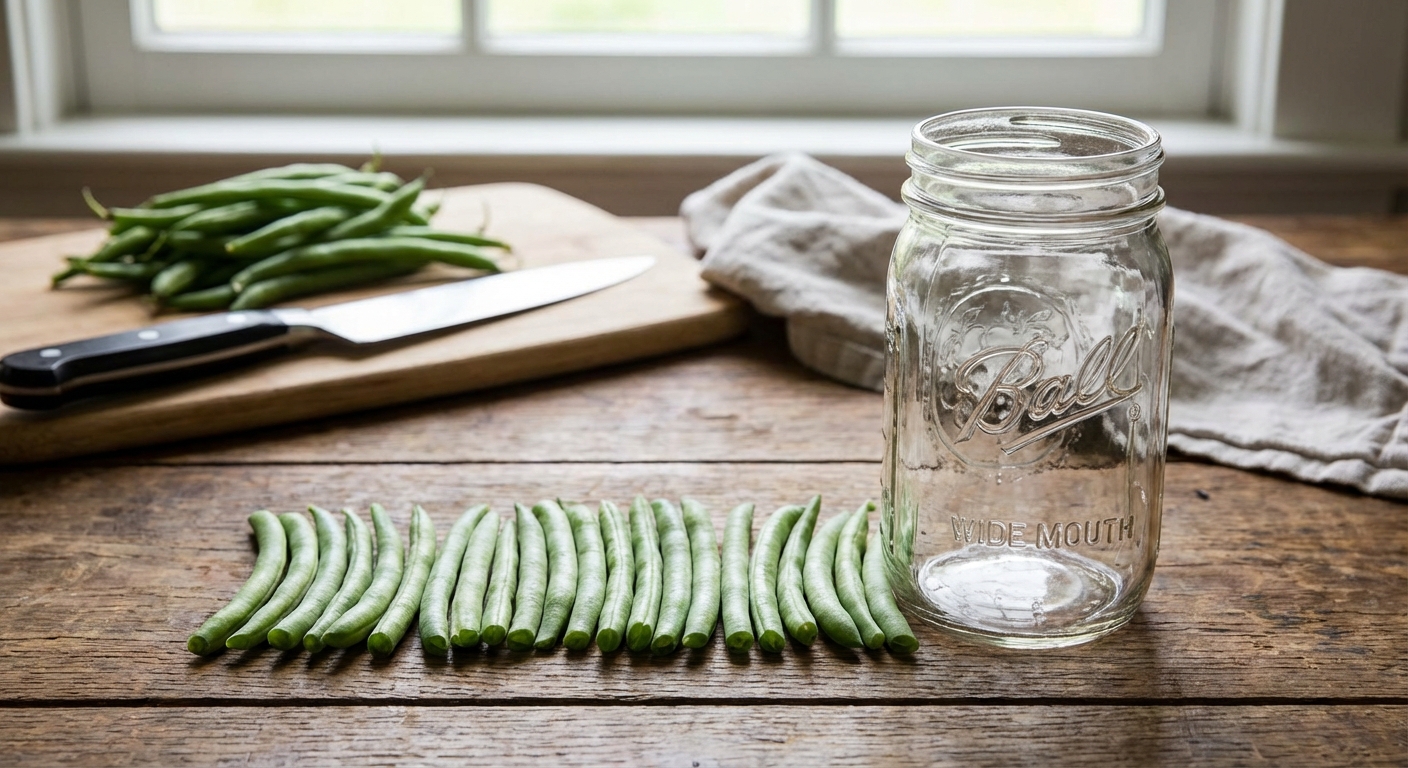 Trimmed green beans lined up beside a wide-mouth mason jar for sizing